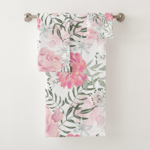 Peonies pink rose flowers bath towel set
