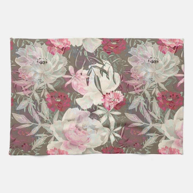 Peonies pink rose flowers flower garden bouquet kitchen towel (Horizontal)