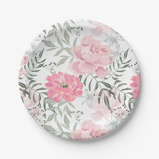 Peonies pink rose flowers flower garden bouquet paper plates (Front)