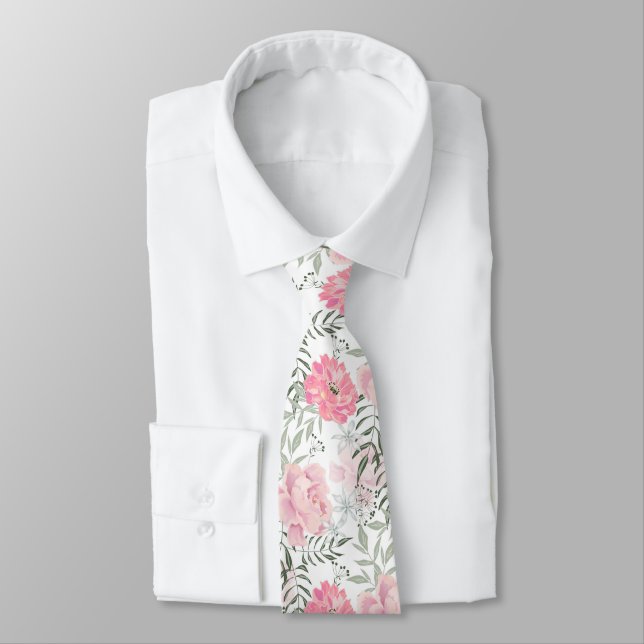 Peonies pink rose flowers  neck tie (Tied)