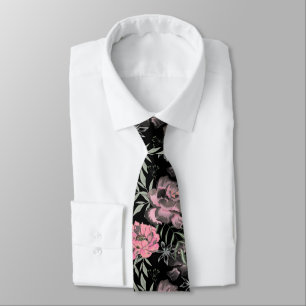 Peonies pink rose flowers neck tie