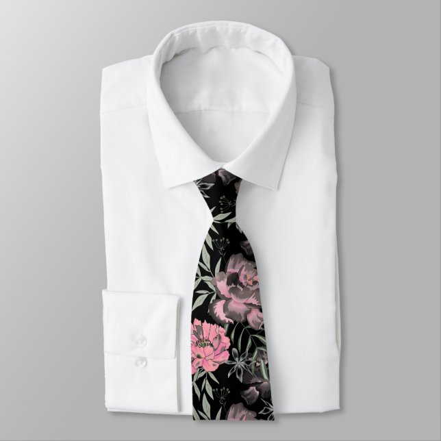 Peonies pink rose flowers  neck tie (Tied)