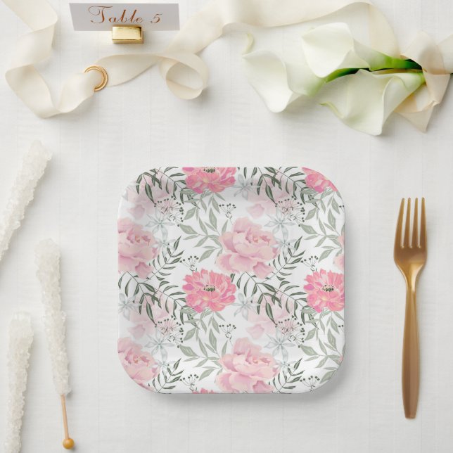 Peonies pink rose flowers paper plates (Wedding)