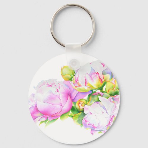 Peonies pink white floral watercolor painting keychain