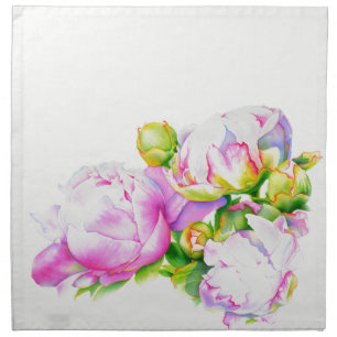 Peonies, pink, white, floral watercolor painting napkin