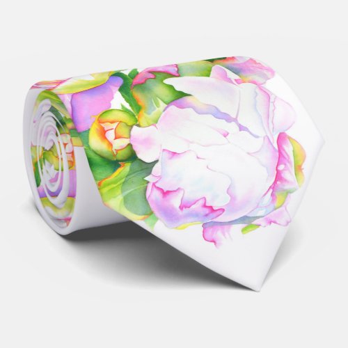 Peonies pink white floral watercolor painting neck tie