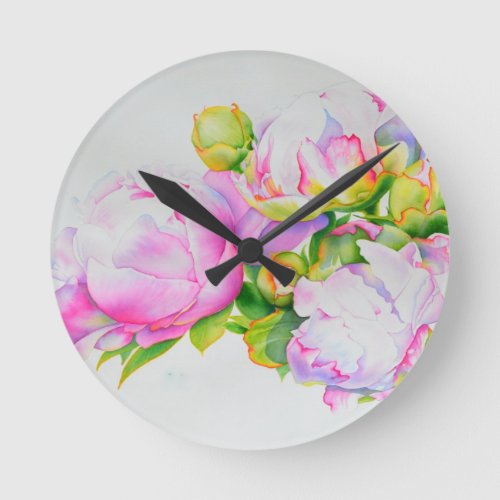 Peonies pink white floral watercolor painting round clock