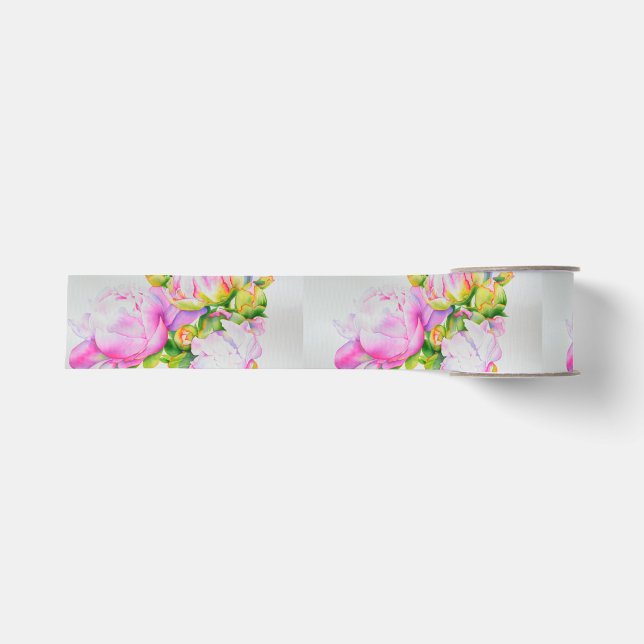 Peonies, pink, white, watercolor floral painting grosgrain ribbon (Front)