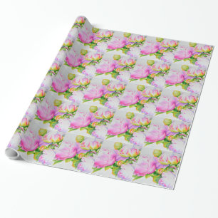 Peonies, pink, white, watercolor floral painting wrapping paper
