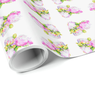 Peonies, pink, white, watercolor floral painting wrapping paper