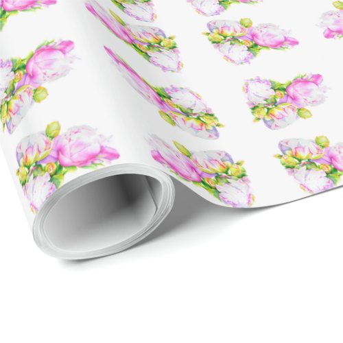 Peonies pink white watercolor floral painting wrapping paper