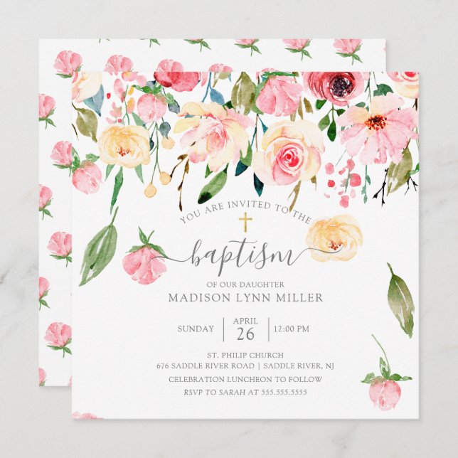Peonies Rose Floral Baptism Invitation (Front/Back)