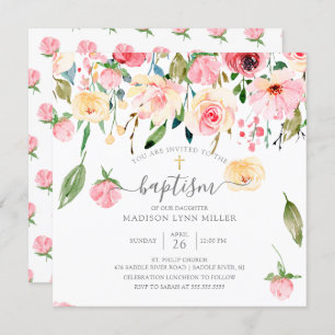 Peonies Rose Floral Baptism Invitation