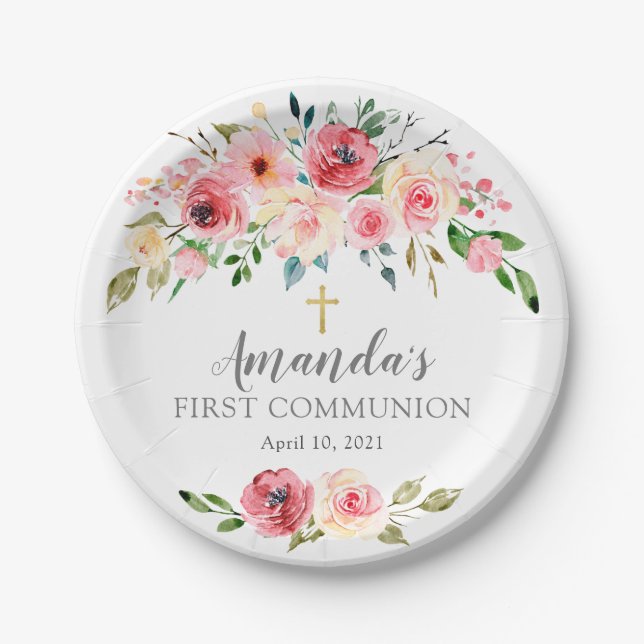Peonies Rose Floral Communion Paper Plates (Front)