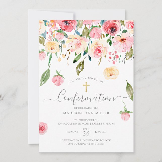 Peonies Rose Floral Confirmation Invitation (Front)