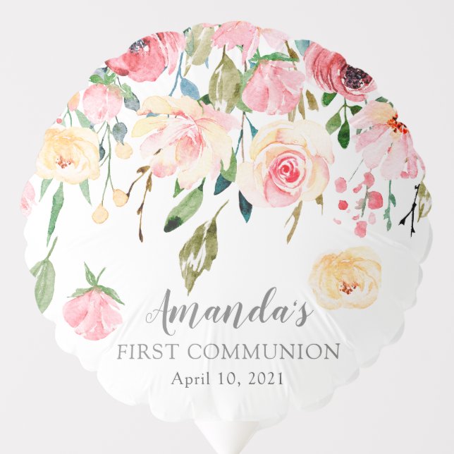 Peonies Rose Floral  First Communion Balloon (Front)