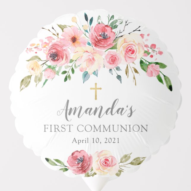 Peonies Rose Floral  First Communion Balloon (Front)