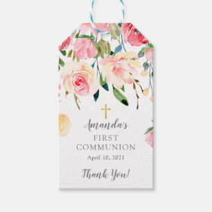 Peonies Rose Floral First Communion Favor Gift Tag
