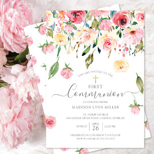 Peonies Rose Floral First Communion Invitation