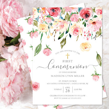 Peonies Rose Floral First Communion Invitation by invitationstop at Zazzle