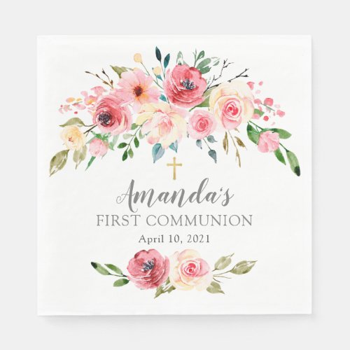 Peonies Rose Floral First Communion Napkins