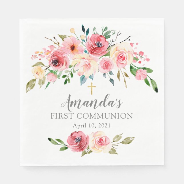 Peonies Rose Floral First Communion Napkins (Front)
