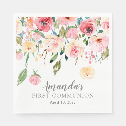 Peonies Rose Floral First Communion Napkins