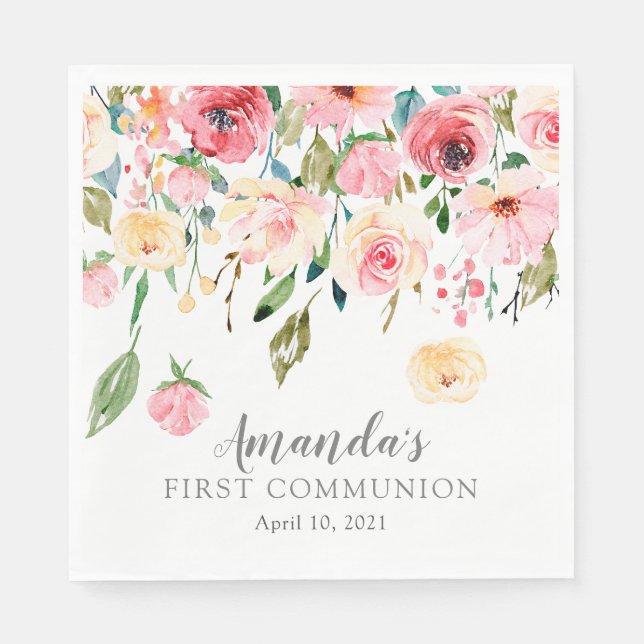 Peonies Rose Floral First Communion Napkins (Front)