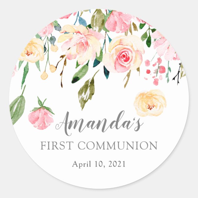 Peonies Rose Floral First Communion Sticker (Front)