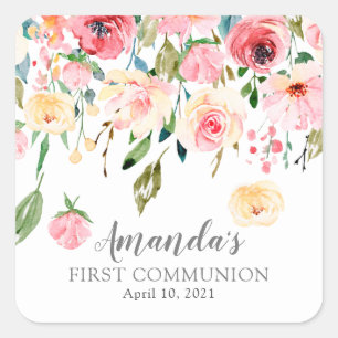 Peonies Rose Floral First Communion Sticker