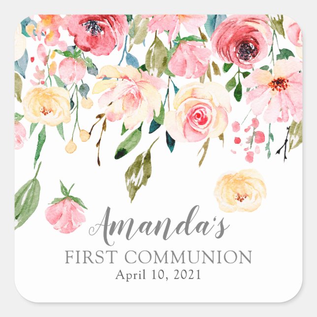 Peonies Rose Floral First Communion Sticker (Front)