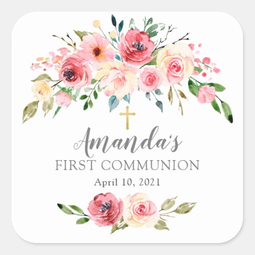 Peonies Rose Floral First Communion Sticker