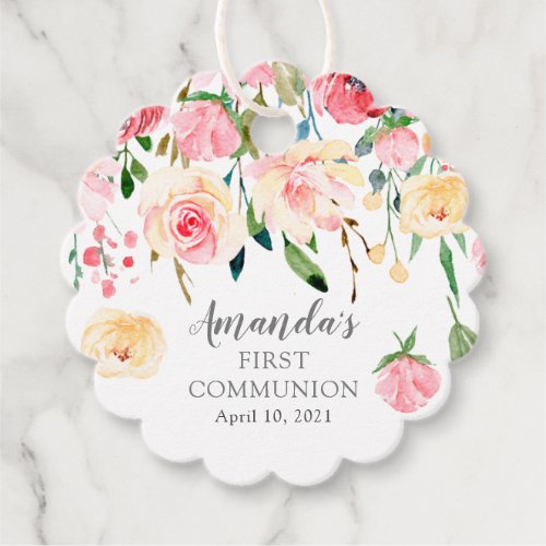 Peonies Rose Floral First Holy Communion Favor Tags