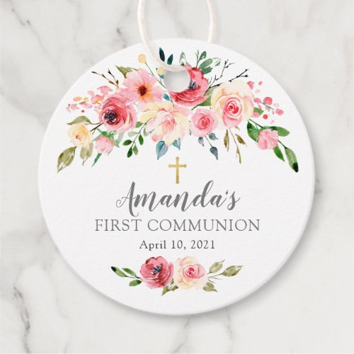 Peonies Rose Floral First Holy Communion Favor Tags