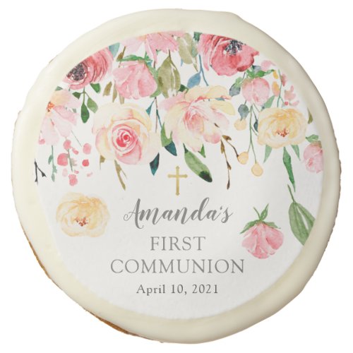 Peonies Rose Floral First Holy Communion Sugar Cookie