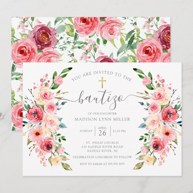 Peonies Rose Floral Spanish Baptism Invitation (Front/Back)