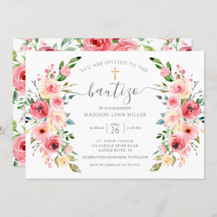 Peonies Rose Floral Spanish Baptism Invitation