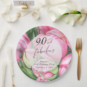 Peonies roses 90th Birthday Party Paper Plates