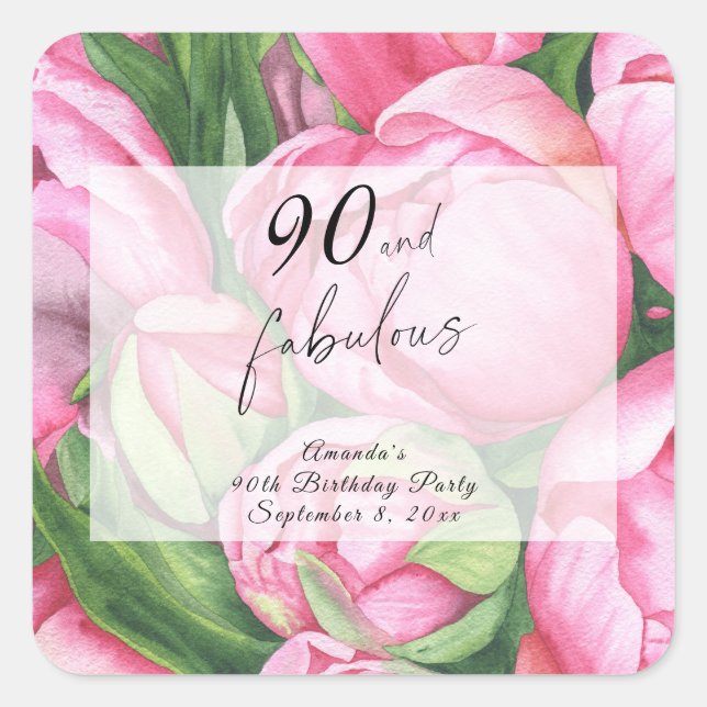 Peonies Roses 90th Birthday Party  Square Sticker (Front)