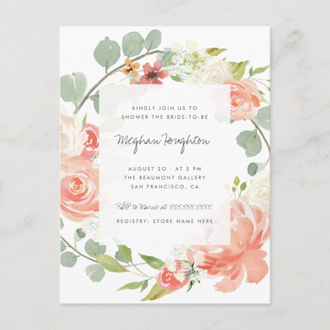 Peonies, Roses & Eucalyptus Wreath Bridal Shower Invitation Postcard (Front)