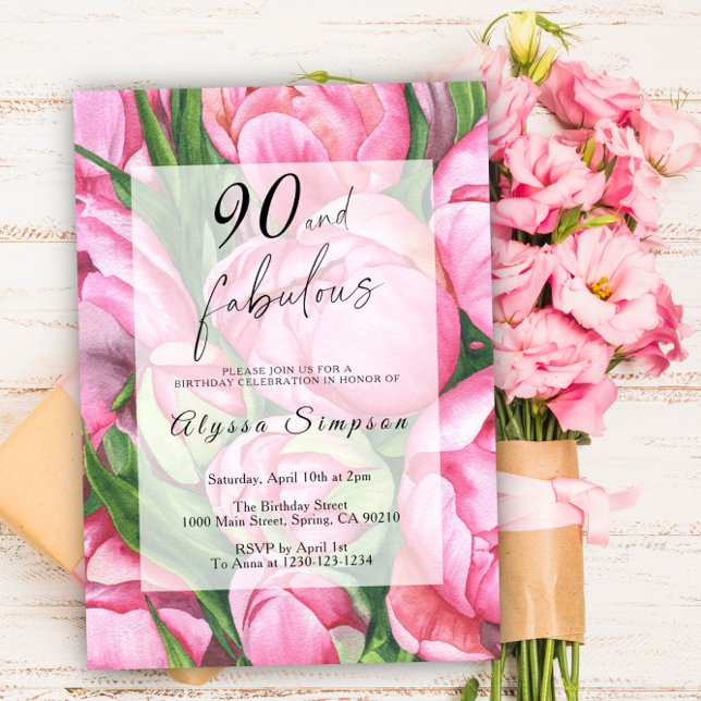 Peonies Roses Floral 90th Birthday Party Invitation (Creator Uploaded)