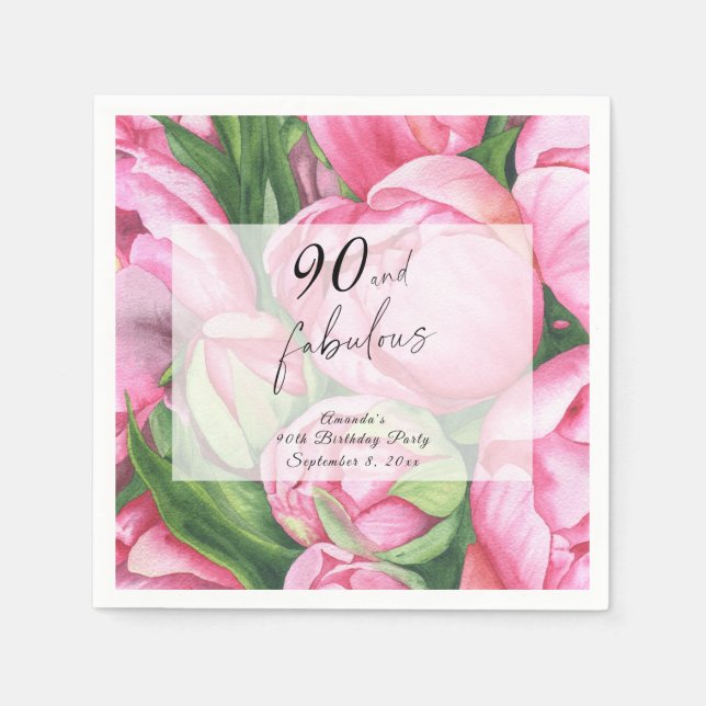 Peonies Roses Floral 90th Birthday Party  Napkins (Front)