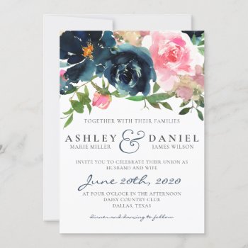 Peonies Roses Pink & Navy Watercolor Wedding Invitation by kersteegirl at Zazzle
