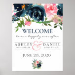 Peonies Roses Pink &amp; Navy Wedding Welcome Sign at Zazzle