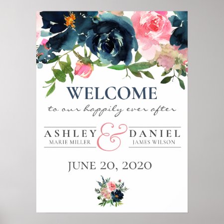 Peonies Roses Pink & Navy Wedding Welcome Sign