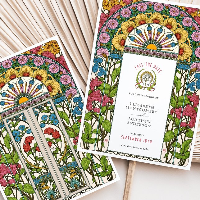 Peonies, Roses & Sun Art Nouveau Save the Date Invitation (Creator Uploaded)
