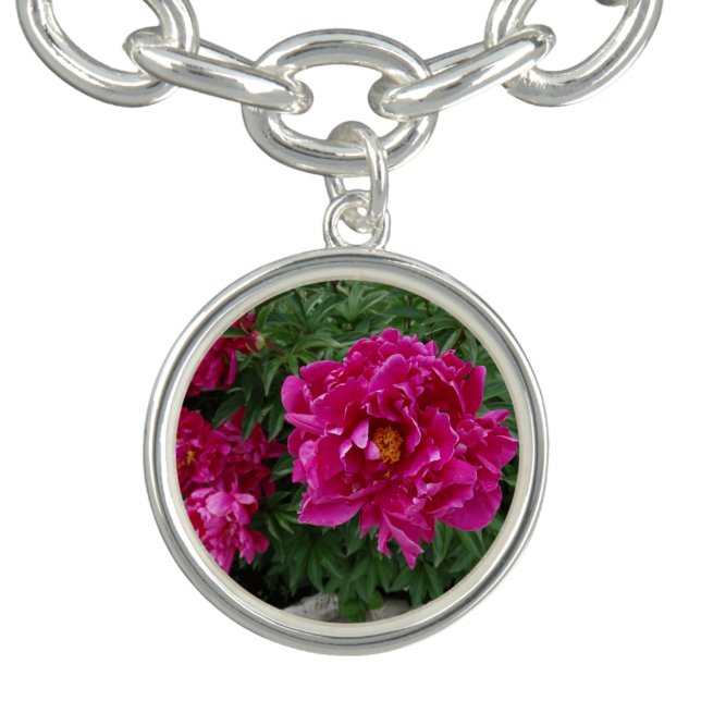 Peonies Round Charm Bracelet, Silver Plated Bracelet (Design)