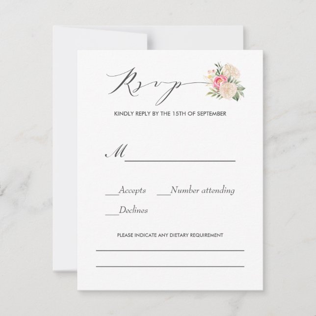 Peonies Typography  dietary Requirements wedding RSVP Card (Front)
