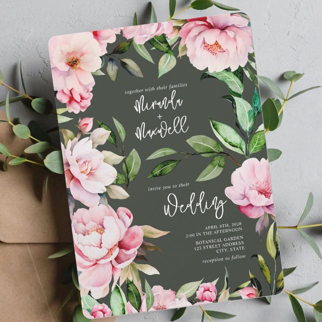 Peonies Watercolor Dark Green Wedding Invitation (Creator Uploaded)