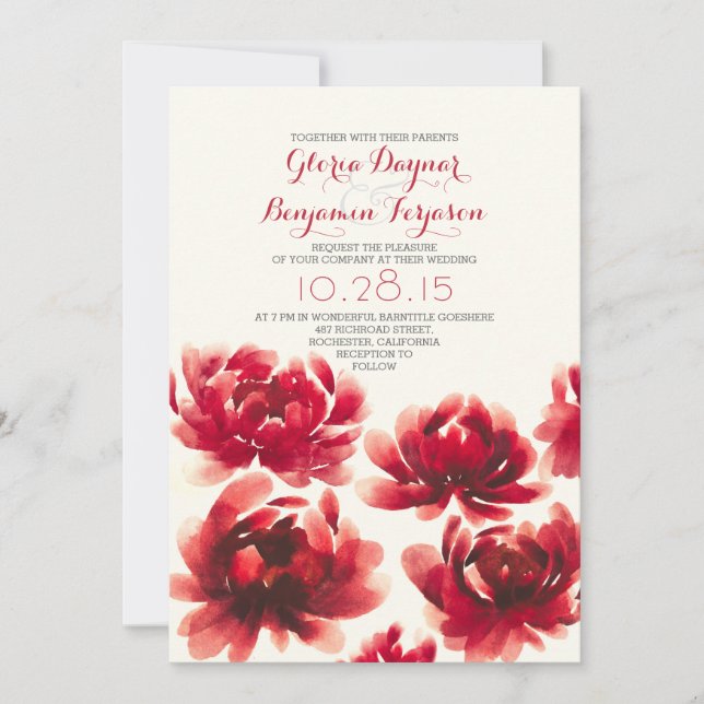 Peonies watercolor floral wedding invitation (Front)